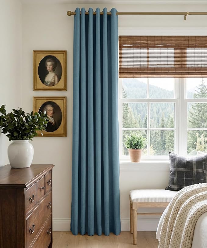 100% Blackout Shield Linen Blackout Curtains for Bedroom, Stone Blue Grommet Curtains for Living Room, Thermal Insulated Room Darkening Drapes for Nursery, Boho Home Decor, 50" W x 96" L, 2 Panels