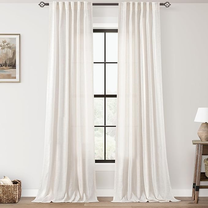 96 inch Long Linen Curtains 2 Panels for Living Room Back Tab Cream Ivory Light Filtering Semi Sheer Curtain 96 inches Long Boho Farmhouse Linen Drapes Floor to Ceiling Length 8 FT 42x96