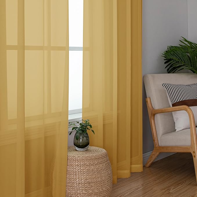 Aiyufeng Gold Sheer Curtain 90 Inches Long 2 Panels Set, Light Filtering Gold Window Curtain Drapes Treatment for Kitchen, Bedroom,Children Room, Dual Rod Pocket, 2 Pack of 42 x 90"