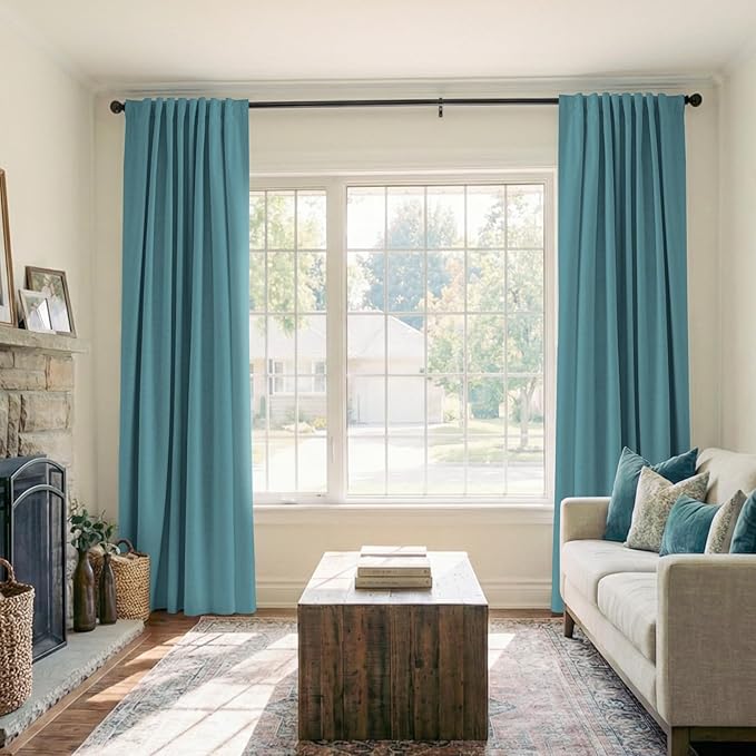 100% Blackout Shield Linen Blackout Curtains for Bedroom 84 Inches Long, Back Tab/Rod Pocket Living Room Drapes, Thermal Insulated Blackout Curtains 2 Panels Set, 50" W x 84" L, Dark Cyan