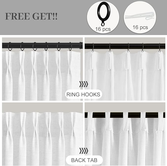 102 Inch Linen Pleated Curtains for Living Room, Pinch Pleated Curtain with Rings Hooks Semi Sheer Light Filtering Memory Trained Window Drapes for Bedroom Dining Room, 40W, Snow White, 2 Panel