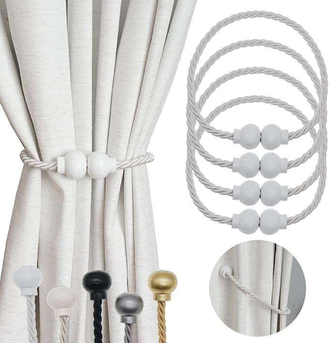 4 Pack Magnetic Curtain Tiebacks Modern Handmade Rope Curtain Tie Backs Decorative Drapes Weave Holdbacks for Home Outdoor Bedroom Office Decorative Curtain, White