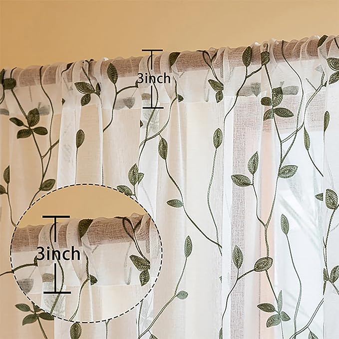 AmHoo 2 Panels Embroidered Leaf Pattern Semi Sheer Curtains Foliage Floral Voile Window Draperies Treatment for Bedroom Living Room Rod Pocket White Sage Green 53 x 63 Inch