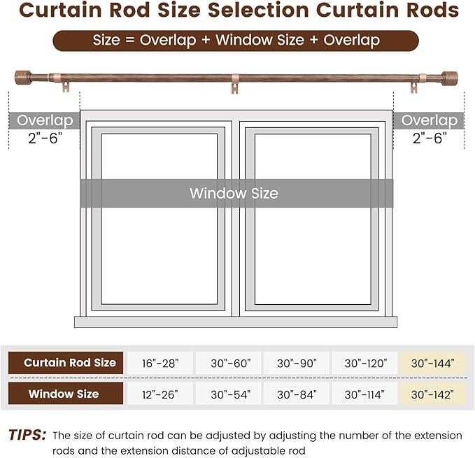 1” Diameter Curtain Rods Itself is 30 to 144 inch 1 Pack Fit 30-142 inch, 66 to 120 inch Window with Heavy Duty Adjustable Rod Matte Wood Grain Splicing Metal Extra Long Curtain Rod for Windows