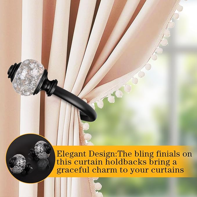 2 Pack Curtain Holdbacks, USFOOK Black Decorative Window Drapery Tiebacks (2 Pack/1 Pair), Curtain Tie Back Hooks for Wall with Translucent Finials (3.95" L x 3.4" W)