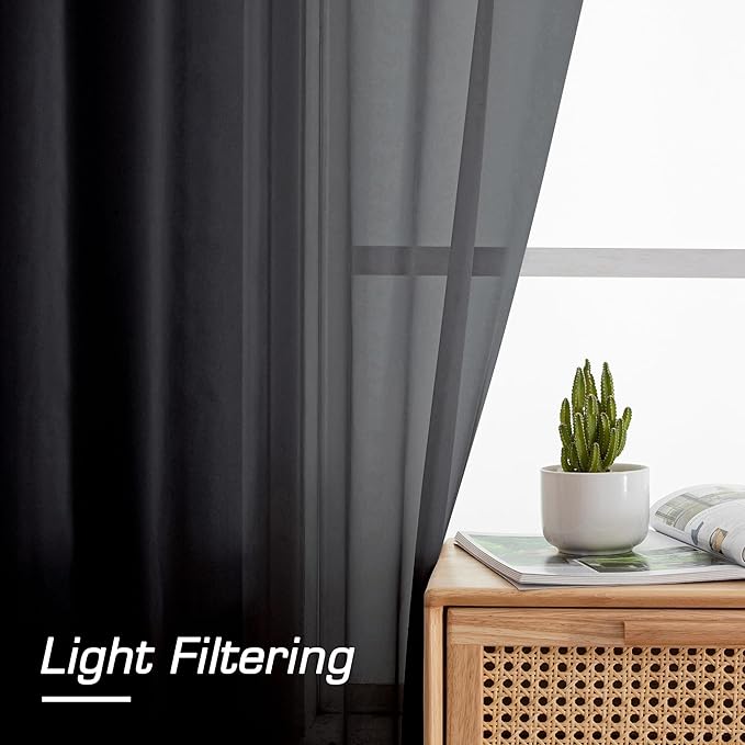 Aiyufeng Black Sheer Curtains 90 Inches Long, Light Filtering Rod Pocket Solid Color Window Sheer Curtain Panels, Elegant Curtains & Drapes for Living Room, Bedroom 2 Panels (Black, 59" W x 90" L)