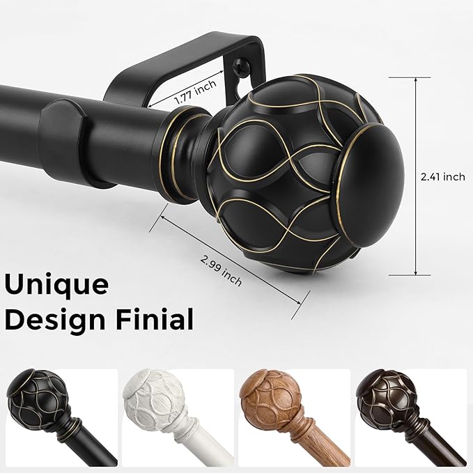 2 Pack Black Curtain Rod, Heavy Duty 1 Inch Decorative Curtain Rods for Windows 48 to 84 Inch, Single-Side Adjustable Vintage Rustic Matte Black Drapery Pole Set with Netted Texture Finials