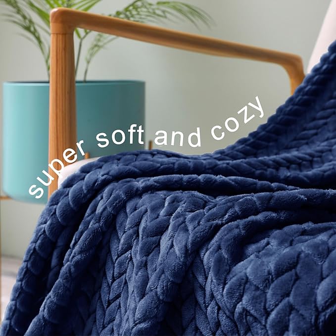 Exclusivo Mezcla Fleece Queen Size Blanket for Bed, 90x90 Inches Soft Cozy Jacquard Flannel Blankets, Lightweight Fuzzy Plush Warm for Women, Navy Blue