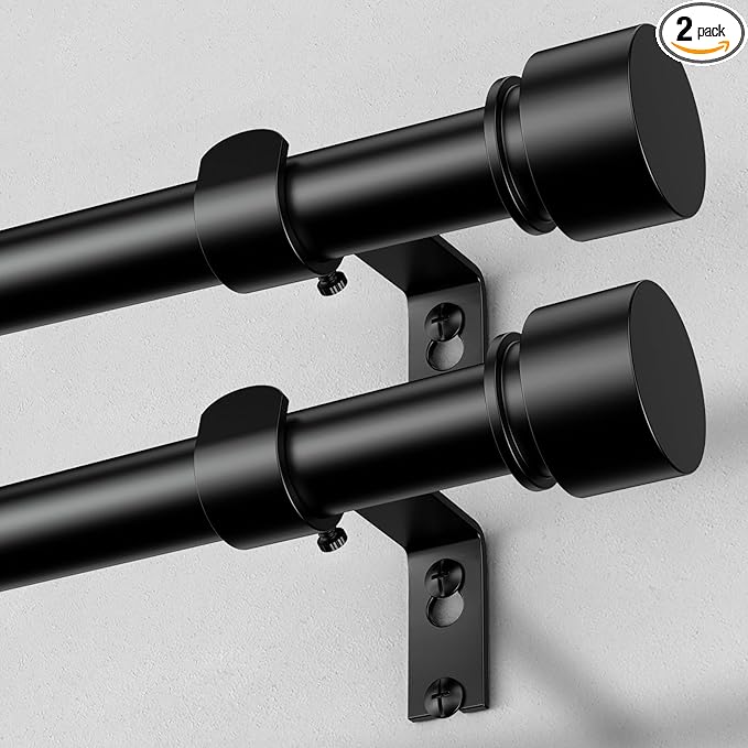 2 Pack Curtain Rods for Windows 48 to 84 Inch, Black Modern 1 Inch Window Treatment Rods with Black End Cap Finials, Decorative Adjustable Heavy Duty Easy Install Drapery Rods for Bedroom