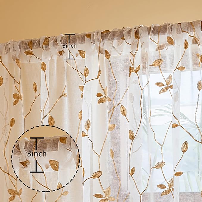 AmHoo 2 Panels Embroidered Leaf Pattern Semi Sheer Curtains Foliage Floral Voile Window Draperies Treatment for Bedroom Living Room Rod Pocket White Taupe 53 x 95 Inch