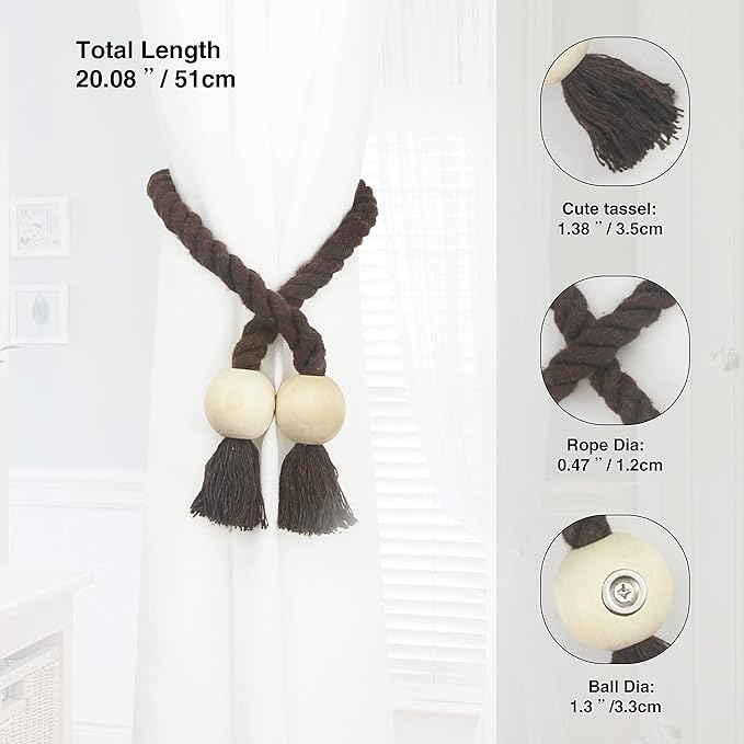 2 Pack Magnetic Curtain Tiebacks Cotton Hand Woven Tie Back Decorative Rope Holdbacks for Curtains Draperies No Tools Required, Coffee