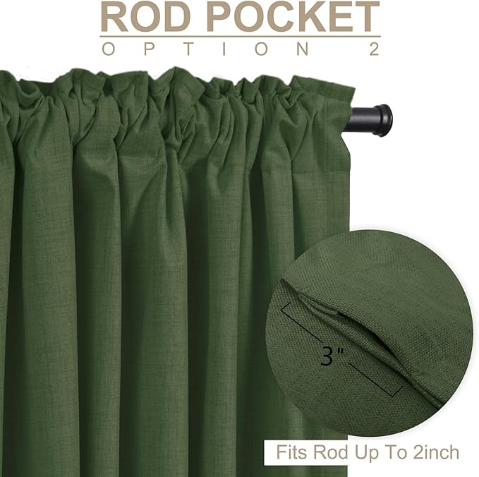 100% Blackout Shield Linen Blackout Curtains for Bedroom 84 Inches Long, Back Tab/Rod Pocket Living Room Drapes, Thermal Insulated Blackout Curtains 2 Panels Set, 50" W x 84" L, Moss Green