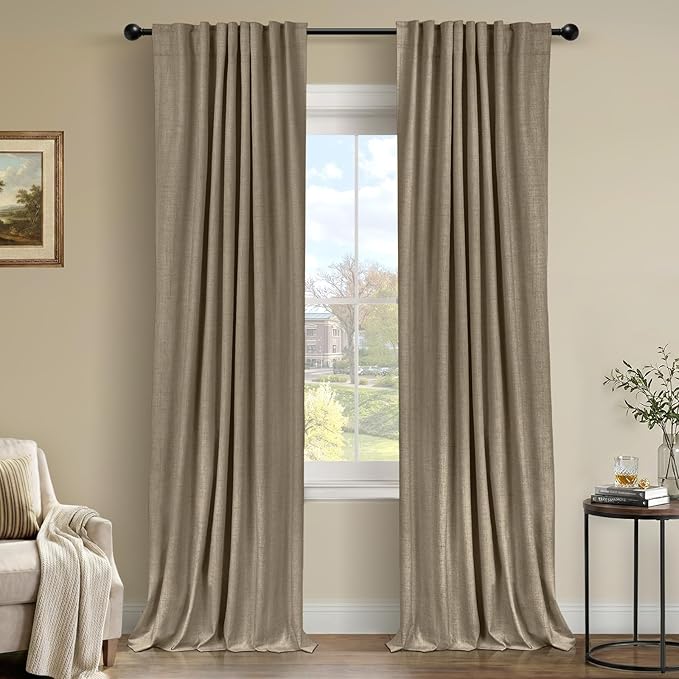 100% Blackout Shield Linen Blackout Curtains for Bedroom 90 Inches Long, Back Tab/Rod Pocket Living Room Drapes, Thermal Insulated Blackout Curtains 2 Panels Set, 50" W x 90" L, Plaza Taupe