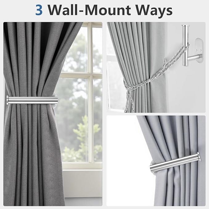 4pcs Curtain Holdbacks, Screw-in Curtain Tiebacks Curtain Tie Backs Curtain Holders for Wall Mounted Curtain Pull Backs for Drapes, Curtain Side Holders Hooks, 304 Stainless Steels, Silver