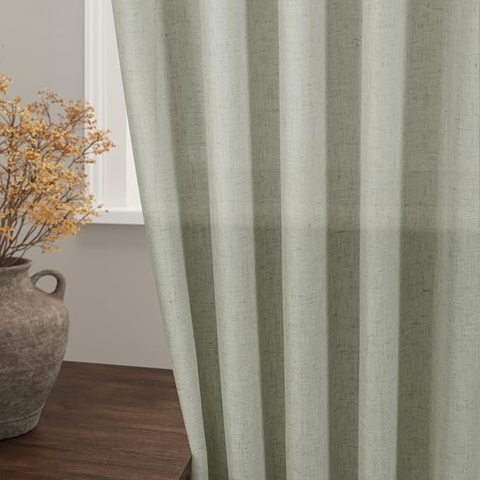 2 Panels Set Sage Green Linen Curtains 126 Inches Long for Living Room Extra Long Back Tab Curtain Neutral Farmhouse Light Filtering Semi Sheer Linen Drapes Ceiling to Floor for Large Window 52x126