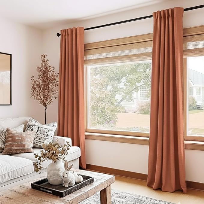 100% Blackout Shield Linen Blackout Curtains for Bedroom 84 Inches Long, Back Tab/Rod Pocket Living Room Drapes, Thermal Insulated Blackout Curtains 2 Panels Set, 50" W x 84" L, Burnt Orange