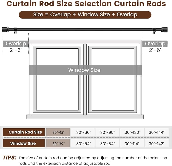 1” Diameter Curtain Rods Itself is 30 to 45 inch 1 Pack Fit 30-39 inch Window with Heavy Duty Adjustable Rod Matte Black Splicing Metal Extra Long Curtain Rod for Windows