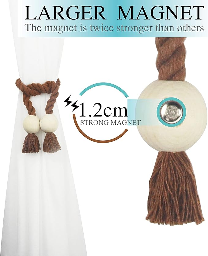 2 Pack Magnetic Curtain Tiebacks Cotton Hand Woven Tie Back Decorative Rope Holdbacks for Curtains Draperies No Tools Required, Khaki