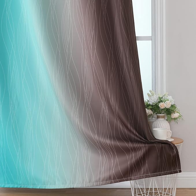 Estelar Textiler Teal and Brown Blackout Curtains for Bedroom, Thermal Insulated Drapes 108 Inches Long, Full Light Blocking Energy Saving Long Curtains for Living Room, 52Wx108L, 2 Panels