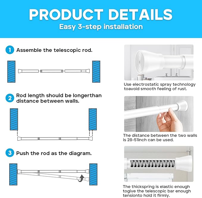 AIZESI 2pcs Spring Tension Curtain Rod 28 to 48 Inch,White Tension Rod Adjustable Curtain Rod Non Slip Curtain Tension Rod No Drill Spring Curtain Rod for Window?Bathroom?Doorway