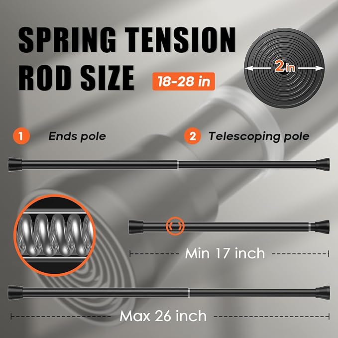 AIZESI Black 2pcs Spring Tension Rods 17 to 26 Inch, Small Curtain Rods No Drilling, Adjustable Curtain Rod Non-Slip, Short Tension Rod Non-Slip For Windows Closet Bedroom Kitchen