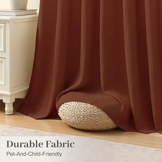 102 Inch Linen Curtains for Living Room, Pinch Pleated Curtain with Hooks Rings Rustic Textured Semi Sheer Light Filtering Pleat Drapes for Bedroom Dining Room, Chestnut Brown, 2 Panel, 40x102