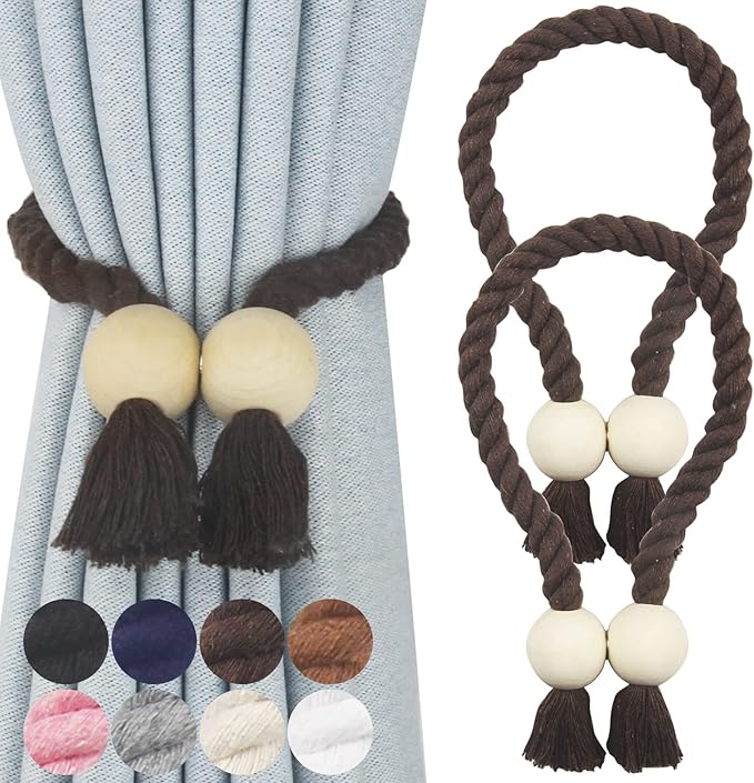 2 Pack Magnetic Curtain Tiebacks Cotton Hand Woven Tie Back Decorative Rope Holdbacks for Curtains Draperies No Tools Required, Coffee