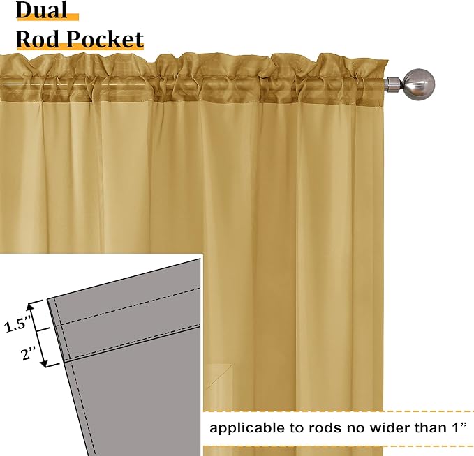 Aiyufeng Gold Sheer Curtains 63 Inch Length 2 Panels Set, Light Filtering Gold Window Curtain Drapes Treatment for Kitchen, Bedroom,Children Room, Dual Rod Pocket, 2 Pack of 42 x 63"