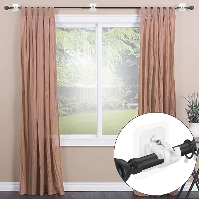 2PCS No Drill Curtain Rod Brackets No Drilling Self Adhesive Curtain Rod Holder Hooks Nail Free Adjustable Curtain Rod Hooks Curtain Hangers for Bathroom Kitchen Home Bathroom and Hotel (White)