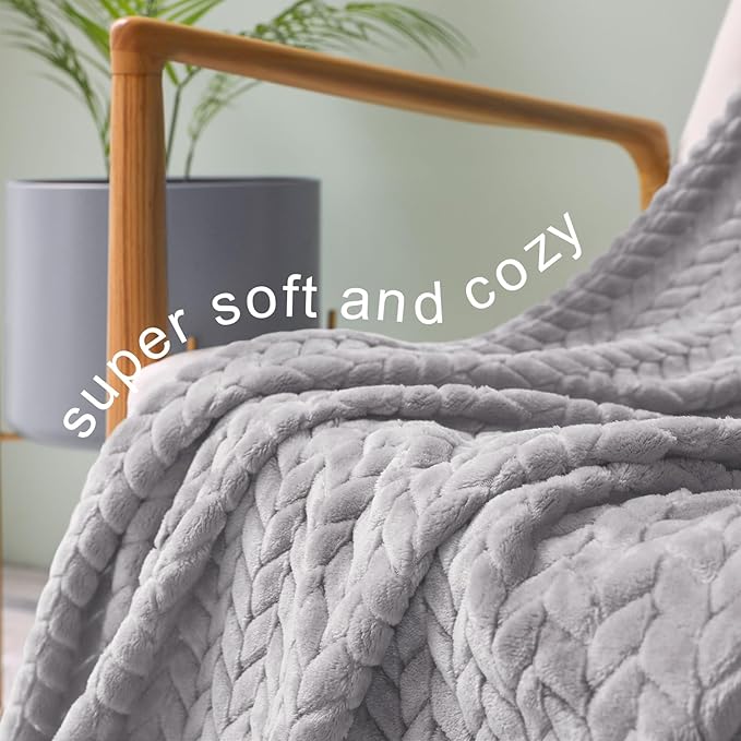 Exclusivo Mezcla Fleece Twin Size Blanket for Bed, 60x80 Inches Soft Cozy Jacquard Flannel Blankets, Lightweight Fuzzy Plush Warm for Women, Light Grey