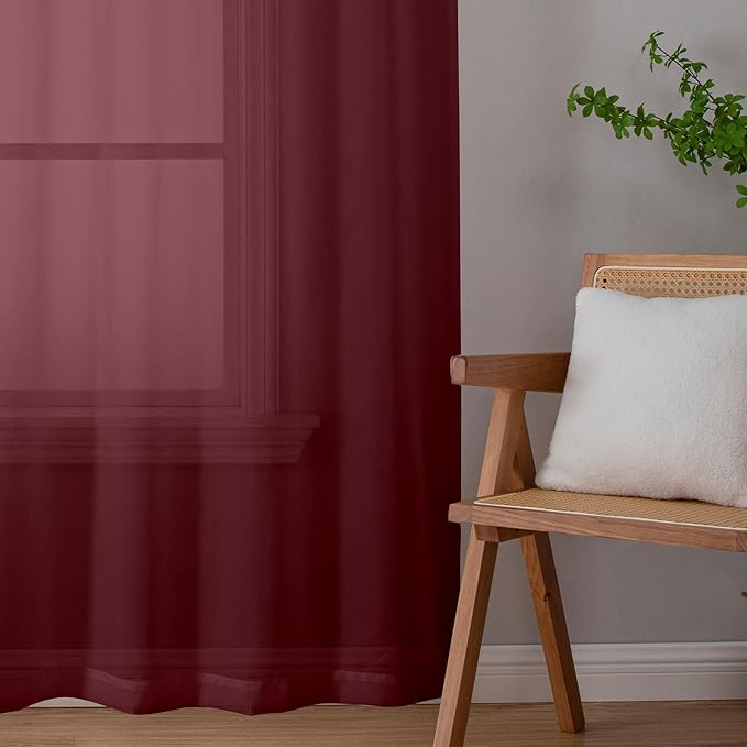 Aiyufeng Sheer Window Curtain Panels 96 Inch Long 2 Pieces, Voile Top Dual Rod Pocket Breathable Fashion Drapes Window Treatment for Wedding Ceremony/Bedroom/Living Room, 40W x 96L inches, Burgundy