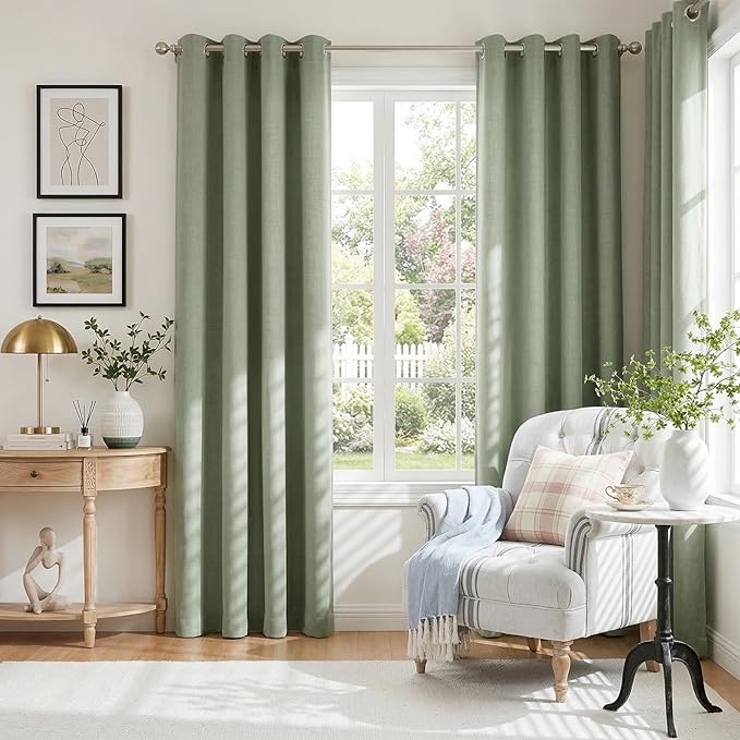 100% Blackout Shield Linen Blackout Curtains for Bedroom, Sage Green Grommet Curtains for Living Room, Thermal Insulated Room Darkening Drapes for Nursery, Boho Home Decor, 50" W x 84" L, 2 Panels