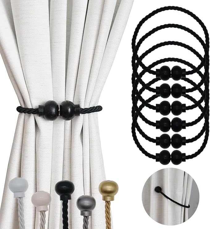 6 Pack Magnetic Curtain Tiebacks Modern Handmade Rope Curtain Tie Backs Decorative Drapes Weave Holdbacks for Home Outdoor Bedroom Office Decorative Curtain, Black