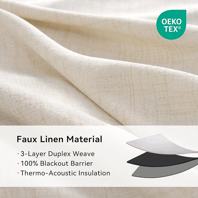 100% Blackout Shield Linen Blackout Curtains for Bedroom, Butter Cream Grommet Curtains for Living Room, Thermal Insulated Room Darkening Drapes for Nursery, Boho Home Decor, 50" W x 84" L, 2 Panels