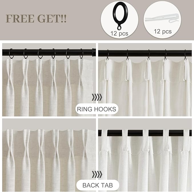 60 Inch Extra Width Pinch Pleated Curtains for Living Room, Light Filtering Modern Privacy Pleated Linen Sheer Curtain with Hooks Rings Back Tab Drapes for Sliding Door, Natural, 1 Panel, W60xL90