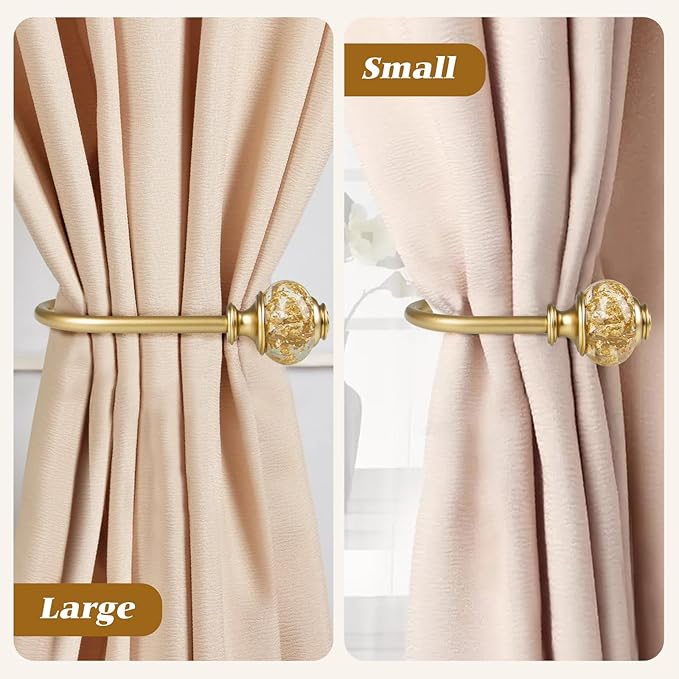 2 Pack Gold Curtain Holdbacks, USFOOK Decorative Drapery Tiebacks (2 Pack/1 Pair), Curtain Tie Back Hooks for Wall with Translucent Finials (6.1" L x 4.1" W)