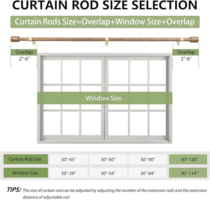5/8” Diameter Curtain Rods 30-120 Inch, for 30-114 Inch Windows, Adjustable Splicing Wood Grain Curtain Rods for Windows with Brackets, Window Rod Long Small Curtains Rod, 2 Pack