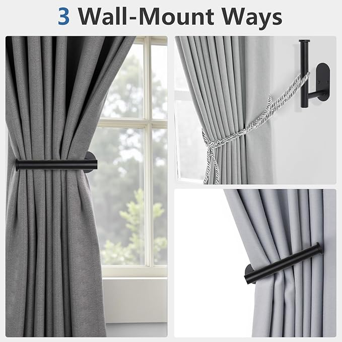 4pcs Curtain Holdbacks, Screw-in Curtain Tiebacks Curtain Tie Backs Curtain Holders for Wall Mounted Curtain Pull Backs for Drapes, Curtain Side Holders Hooks, 304 Stainless Steels, Black