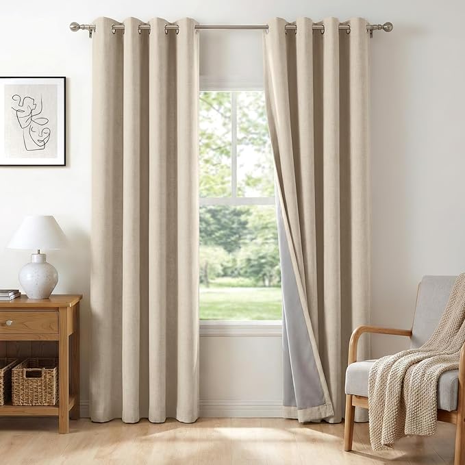 100% Blackout Shield Linen Blackout Curtains for Bedroom, Natural Flax Grommet Curtains for Living Room, Thermal Insulated Room Darkening Drapes for Nursery, Boho Home Decor, 50" W x 96" L, 2 Panels