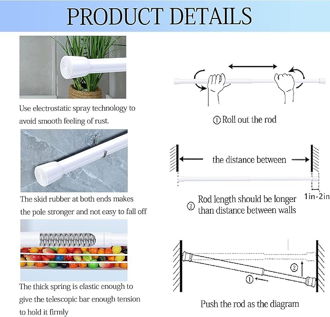 AIZESI Spring Tension Rods Adjustable Tension Curtain Rod Small Tension Rod No Drilling Expandable Spring Loaded Curtain Tension Rod（White,18" to 28"-6Pcs)