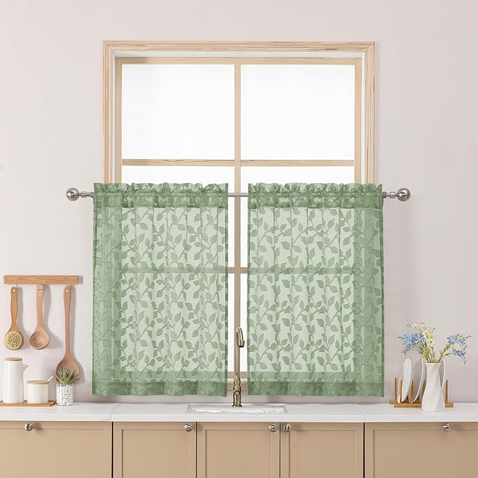 Chyhomenyc Sage Green Sheer Curtains 30 Inch Length, Light Filtering Leaf Tufted Textured Small Window Kitchen Curtain Over Sink, Short Half Window Curtains for Bathroom Basement, 30"Wx30"L, 2 Panels