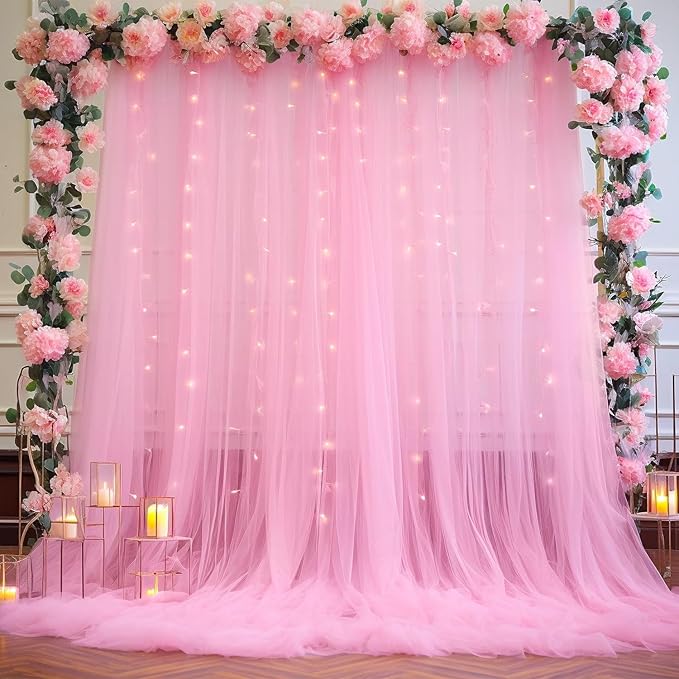 10ft x 12ft Pink Tulle Backdrop Curtain for Baby Shower Party Sheer Fabric Backdrop Curtains for Girls Birthday Gender Reveal Back Drop Wedding Photo Backdrop Drapes Background 2 Panels 5ft x 12ft