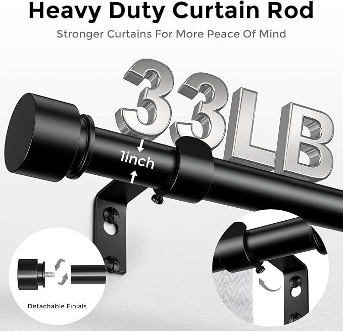 2 Pack Curtain Rods for Windows 48 to 84 Inch, Black Modern 1 Inch Window Treatment Rods with Black End Cap Finials, Decorative Adjustable Heavy Duty Easy Install Drapery Rods for Bedroom