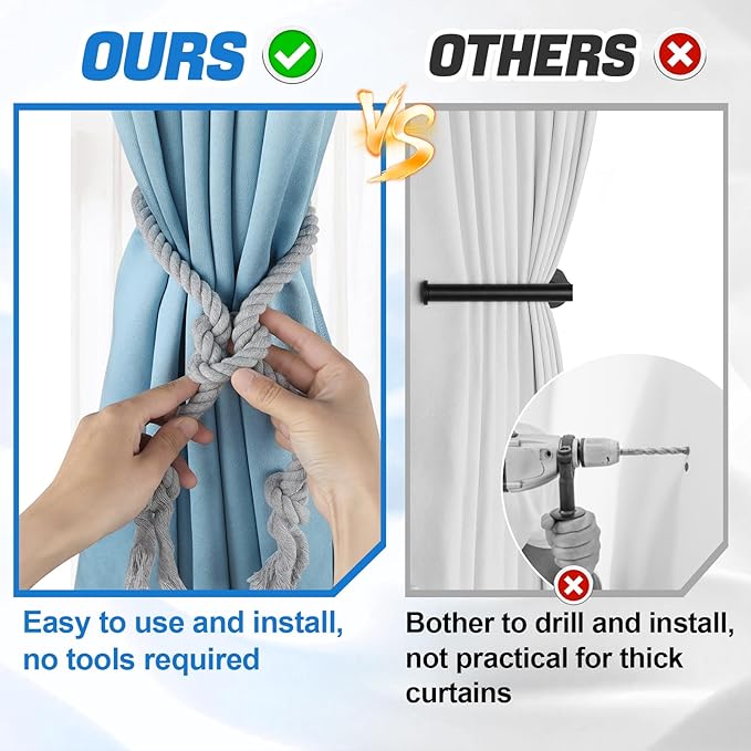 4 Pcs Hand Woven Curtain Tiebacks No Drilling - Boho Drape Holdbacks Rope for Black Blue Grey Light Color Curtains, Decorative Ties for Outdoor Yard Garden Farmhouse Drapery, Grey