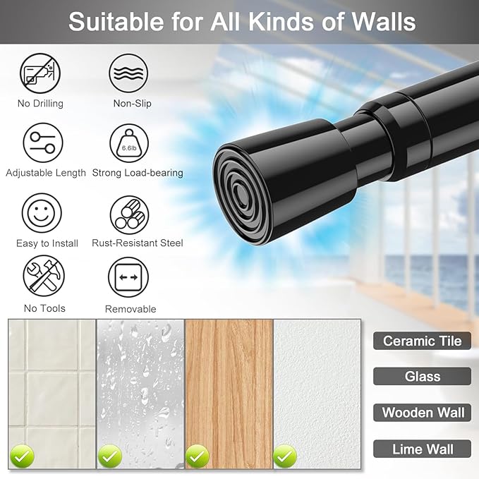 2 Pack Tension Rods Spring Tension Curtain Rod, 26 to 39 Inch Adjustable Black Tension Rod, Small Curtain Rods Spring Loaded Curtains Tension Rods for Window, Bathroom, Cupboard, Kitchen, Home