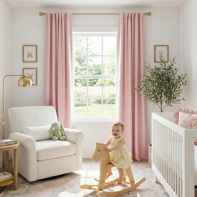100% Blackout Shield Linen Blackout Curtains for Bedroom 90 Inches Long, Back Tab/Rod Pocket Living Room Drapes, Thermal Insulated Blackout Curtains 2 Panels Set, 50" W x 90" L,Baby Pink