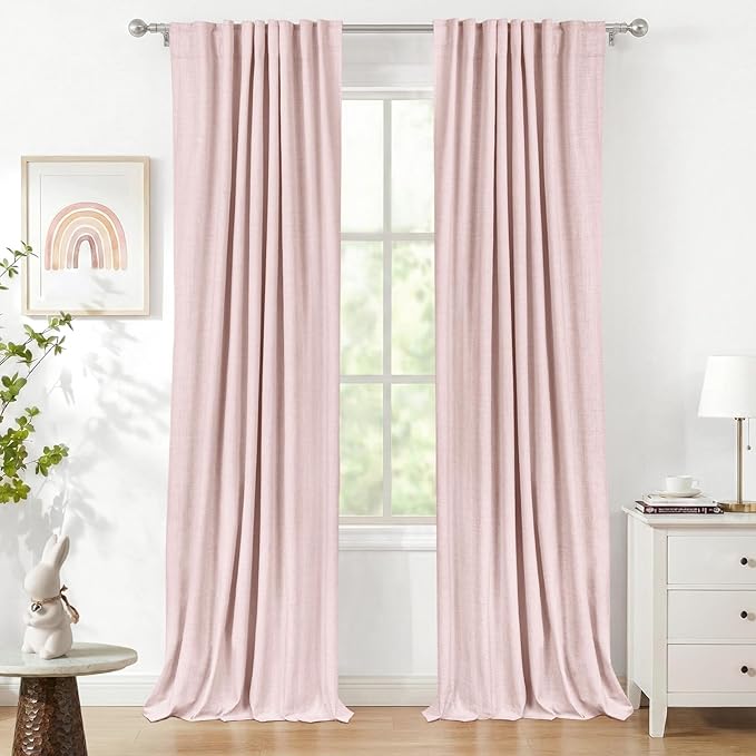 100% Blackout Shield Soft Pink Linen Blackout Curtains for Bedroom 84 Inches Long, Back Tab/Rod Pocket Living Room Drapes, Thermal Insulated Blackout Curtains 2 Panels Set, 50" W x 84" L