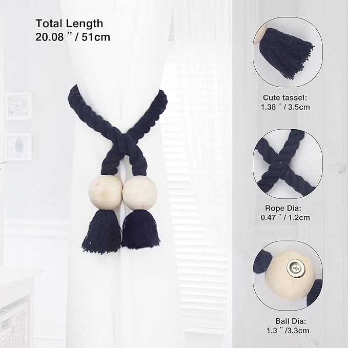 2 Pack Magnetic Curtain Tiebacks Cotton Hand Woven Tie Back Decorative Rope Holdbacks for Curtains Draperies No Tools Required, Navy