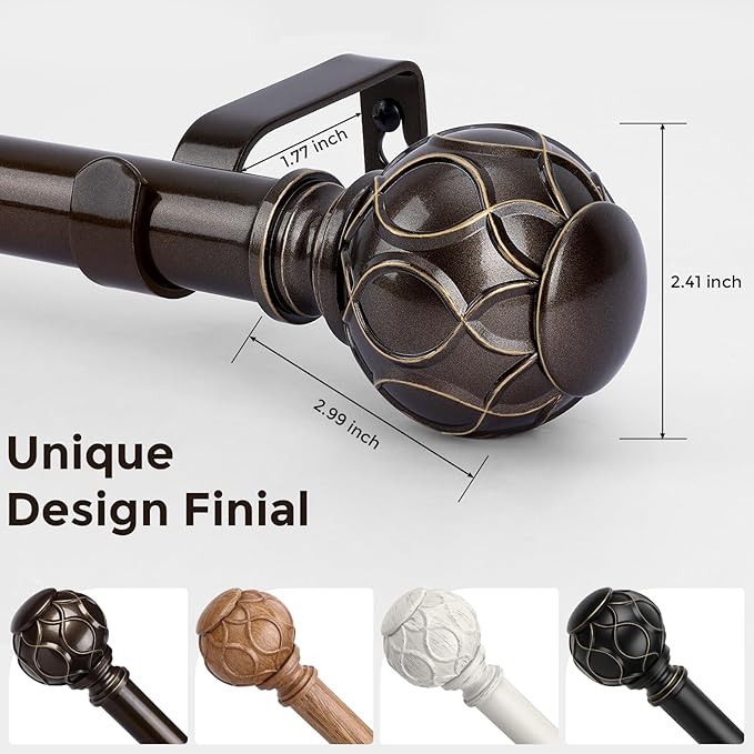 2 Pack Bronze Curtain Rod, Heavy Duty 1 Inch Decorative Curtain Rods for Windows 48 to 84 Inch, Single-Side Adjustable Vintage Rustic Antique Brown Drapery Pole with Netted Texture Finials