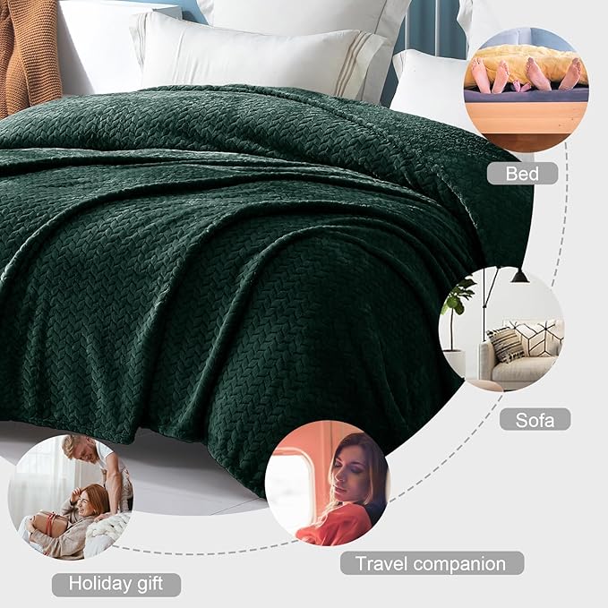 Exclusivo Mezcla Fleece Twin Size Blanket for Bed, 90x66 Inches Soft Cozy Jacquard Flannel Blankets, Lightweight Fuzzy Plush Warm for Women, Forest Green